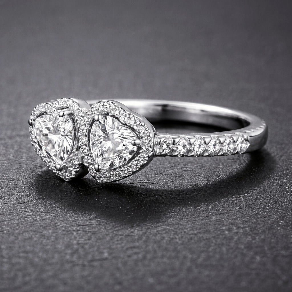 925 Sterling Silver Pandora Replica Halo Double Heart Zircon Ring