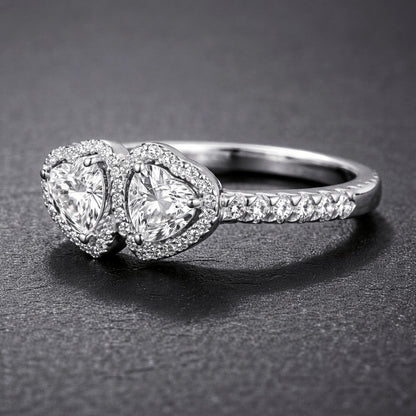 925 Sterling Silver Pandora Replica Halo Double Heart Zircon Ring