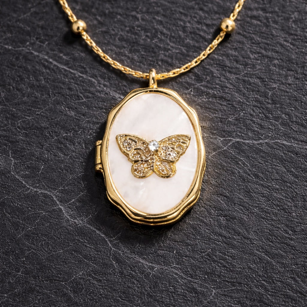 Vintage White Shell Golden Butterfly Photo Frame Gilded Locket Necklace