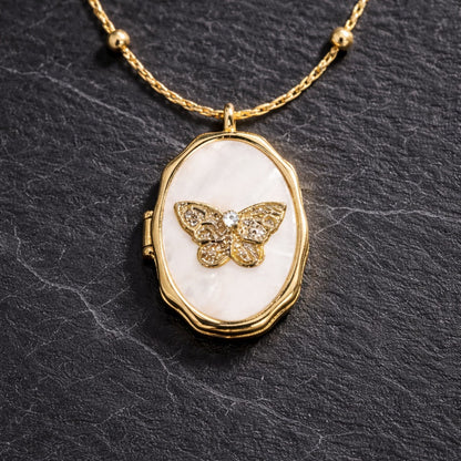 Vintage White Shell Golden Butterfly Photo Frame Gilded Locket Necklace