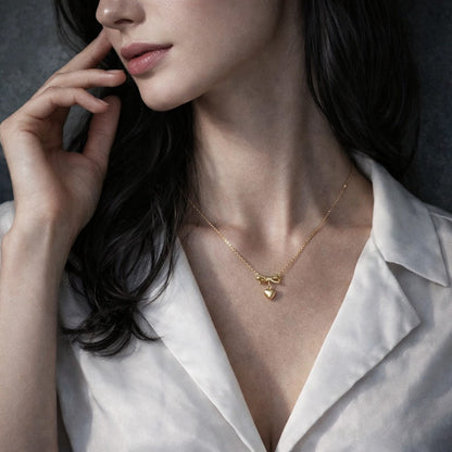 Delicate Golden Heart & Bow Women's Vintage Pendant Necklace