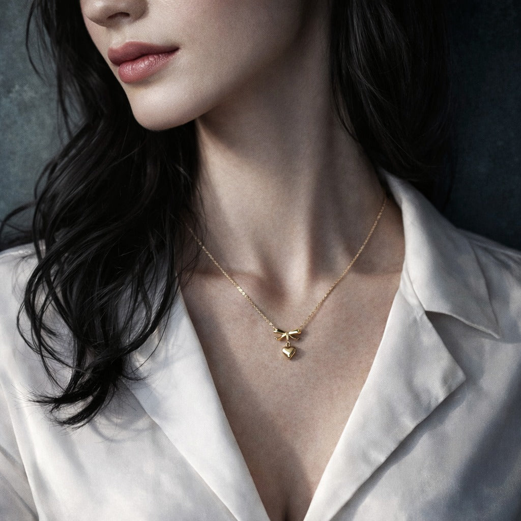 Delicate Golden Heart & Bow Women's Vintage Pendant Necklace