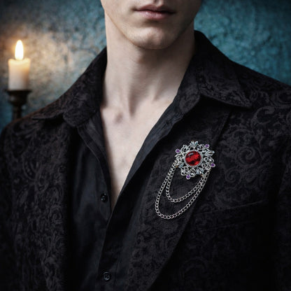 Men's Retro Baroque Style Crystal Brooch Vintage Tassel Chain Brooch