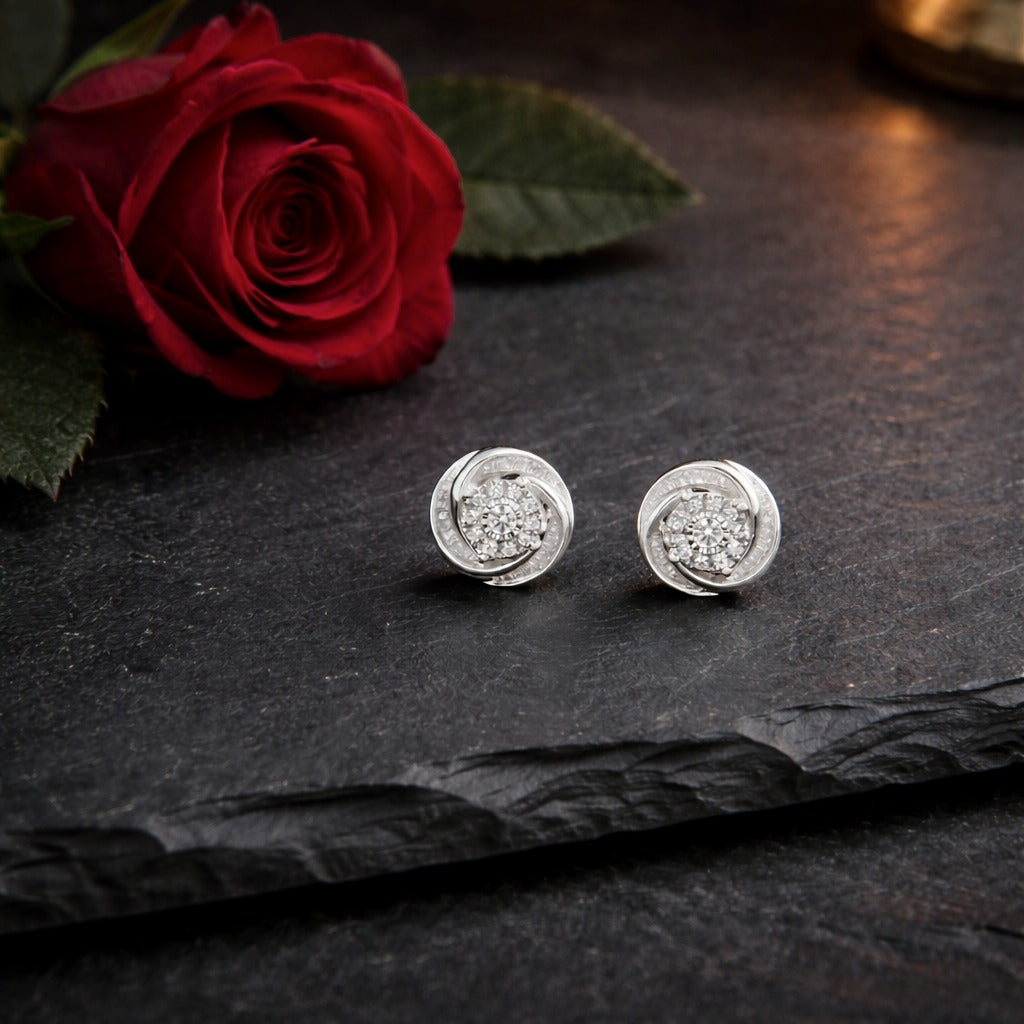 925 Sterling Silver Round & Baguette-Cut Diamond Love Knot Stud Earrings