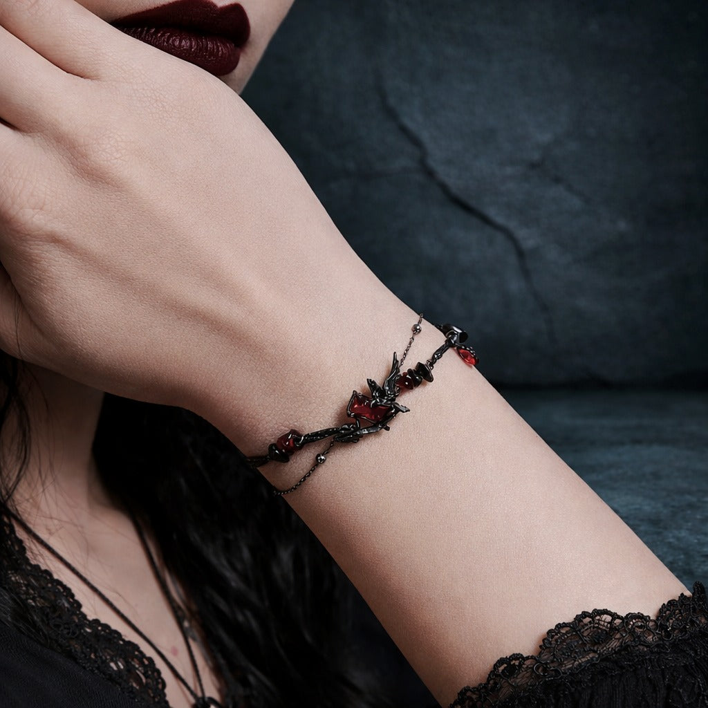 Gothic Black Raven & Red Garnet Women's Beaded Crystal Bracelet