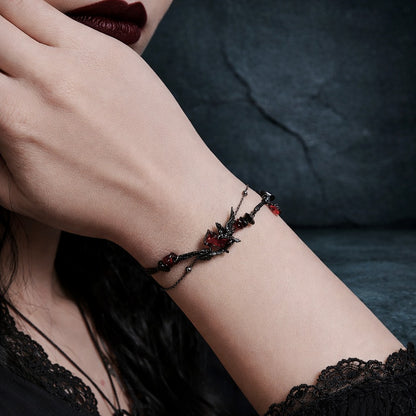 Gothic Black Raven & Red Garnet Women's Beaded Crystal Bracelet