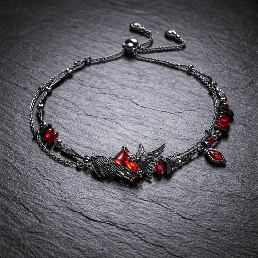 Gothic Black Raven & Red Garnet Women's Beaded Crystal Bracelet