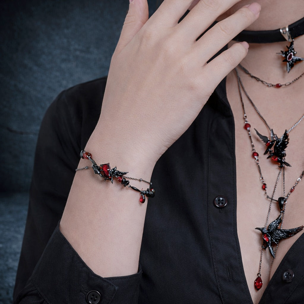 Gothic Black Raven & Red Garnet Women's Beaded Crystal Bracelet