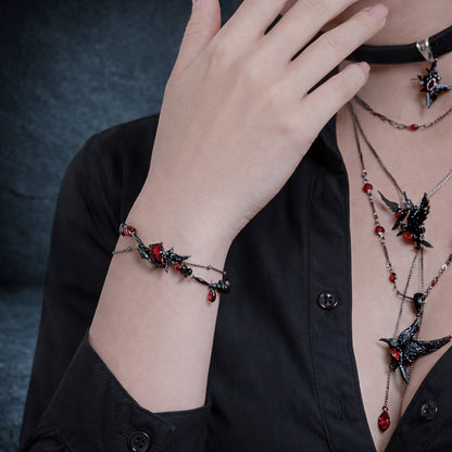 Gothic Black Raven & Red Garnet Women's Beaded Crystal Bracelet