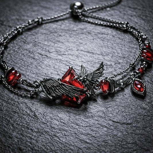 Gothic Black Raven & Red Garnet Women's Beaded Crystal Bracelet