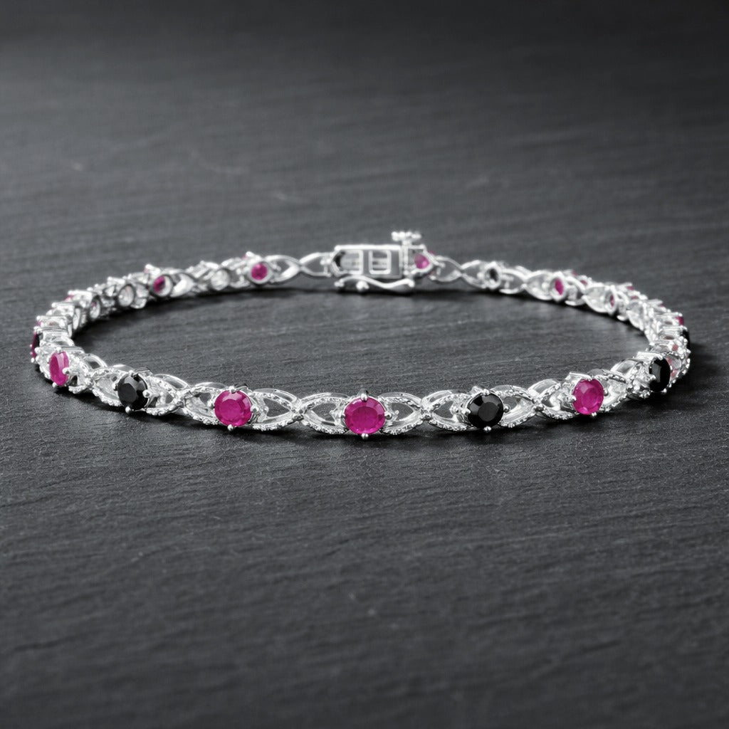 925 Sterling Silver Treated Black Diamond & Lab-Created Pink Ruby Bracelet