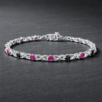 925 Sterling Silver Treated Black Diamond & Lab-Created Pink Ruby Bracelet