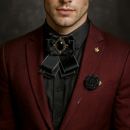 Vintage Baroque Men's Formal Ribbon Bowtie with Filigree Cabochon Rhinestone