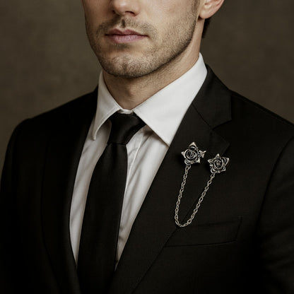 Vintage Gothic Silver Rose Men's Tassel Chain Suit Lapel Brooch Pin