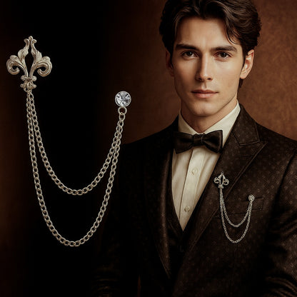 Men’s Fleur-de-lis Tassel Chain Brooch Pin with Crystal Detailing