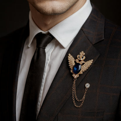 Men’s Regal Crowned Double Hawk Fringed Chain Lapel Brooch Pin