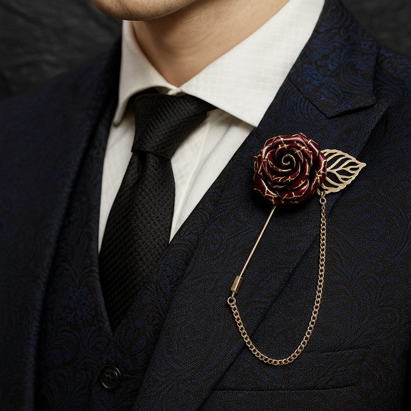 Men’s Vintage Red Black and Gold Rose Tassel Chain Lapel Brooch Pin