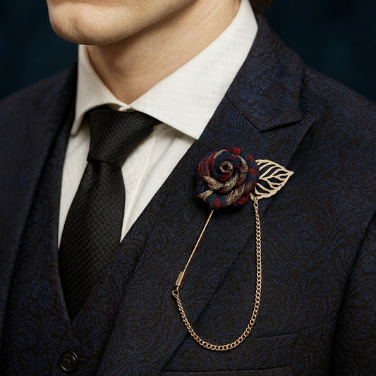 Men’s Vintage Red Black and Gold Rose Tassel Chain Lapel Brooch Pin