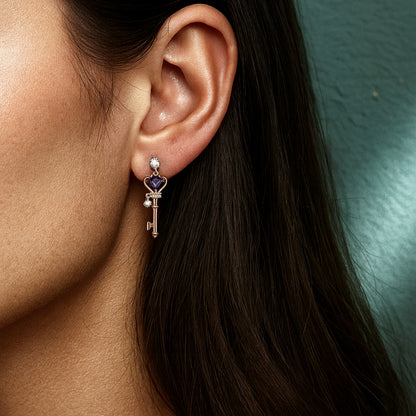 Edwardian Crown Key Natural Teardrop Amethyst Sterling Silver Baroque Earrings