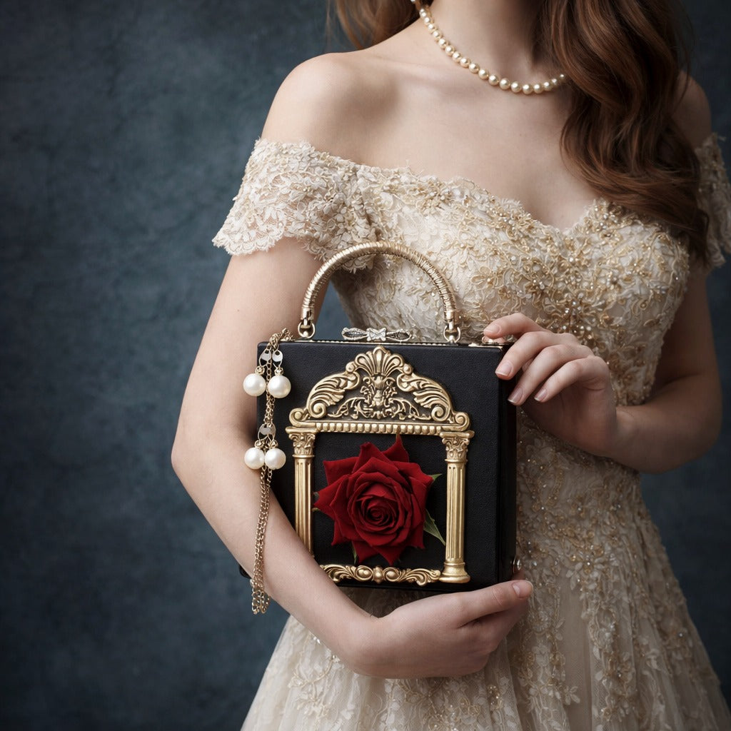 Vintage Ornate Rose & Gilded Baroque Frame Women's Faux Leather Crossbody Handbag