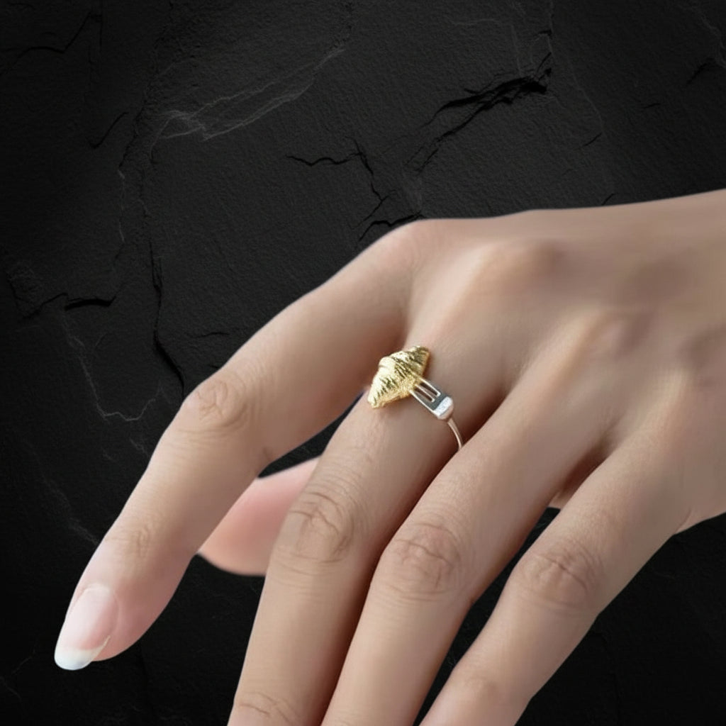 Women's 925 Sterling Silver Croissant Fork Open Ring with Gold Tone Accent