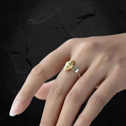 Women's 925 Sterling Silver Croissant Fork Open Ring with Gold Tone Accent