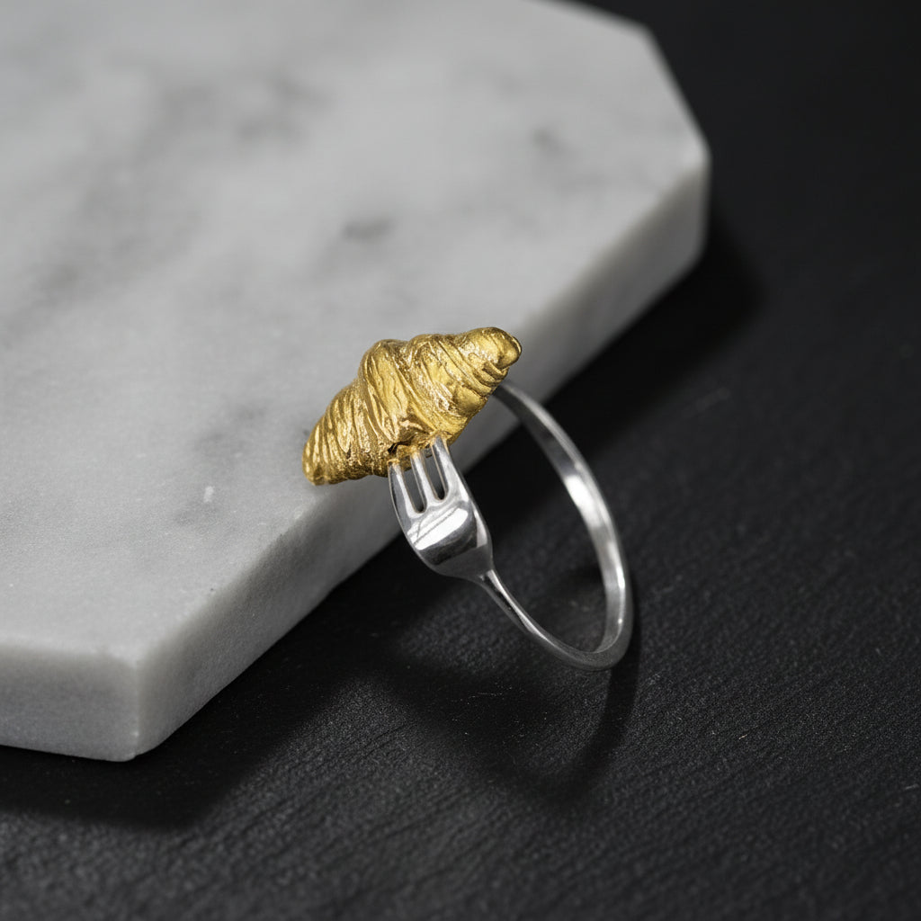 Women's 925 Sterling Silver Croissant Fork Open Ring with Gold Tone Accent