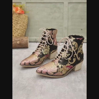 Women's Vintage Floral Embroidered Lace-Up Mid Block Western-Inspired Ankle Boots