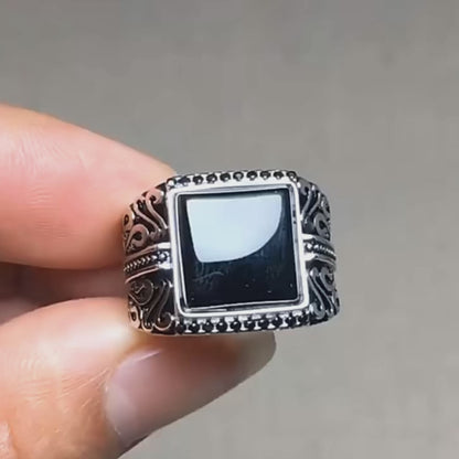 Men's Vintage S925 Sterling Silver Engraved Natural Onyx Stone Square Ring