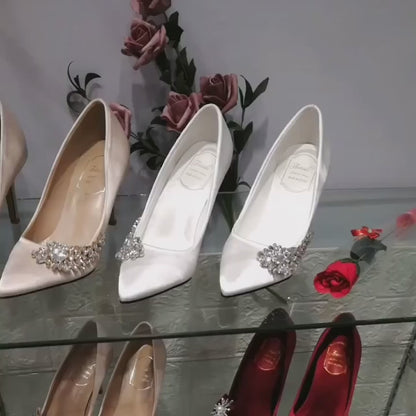 Satin Pointed Toe Bridal Wedding Thin High Heels with Side Rhinestones