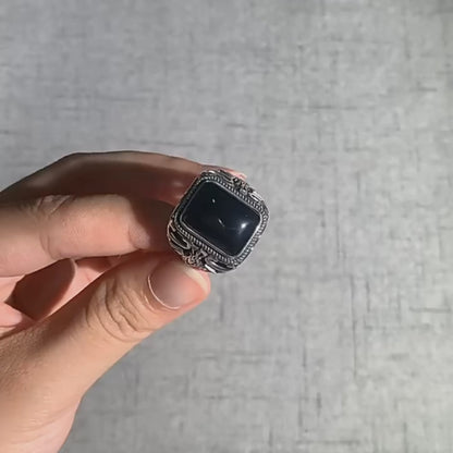 Men's S925 Sterling Silver Vintage Natural Black Onyx Square Hollow Cut Engraved Cross Ring