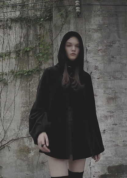 Women's Renaissance Gothic Black Velvet Short Embroidered Crescent Moon Hooded Cloak