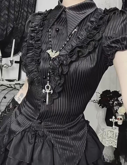 Women's Gothic Striped Button Short Puffy Sleeves Blouse Shirt with Lapel Collar