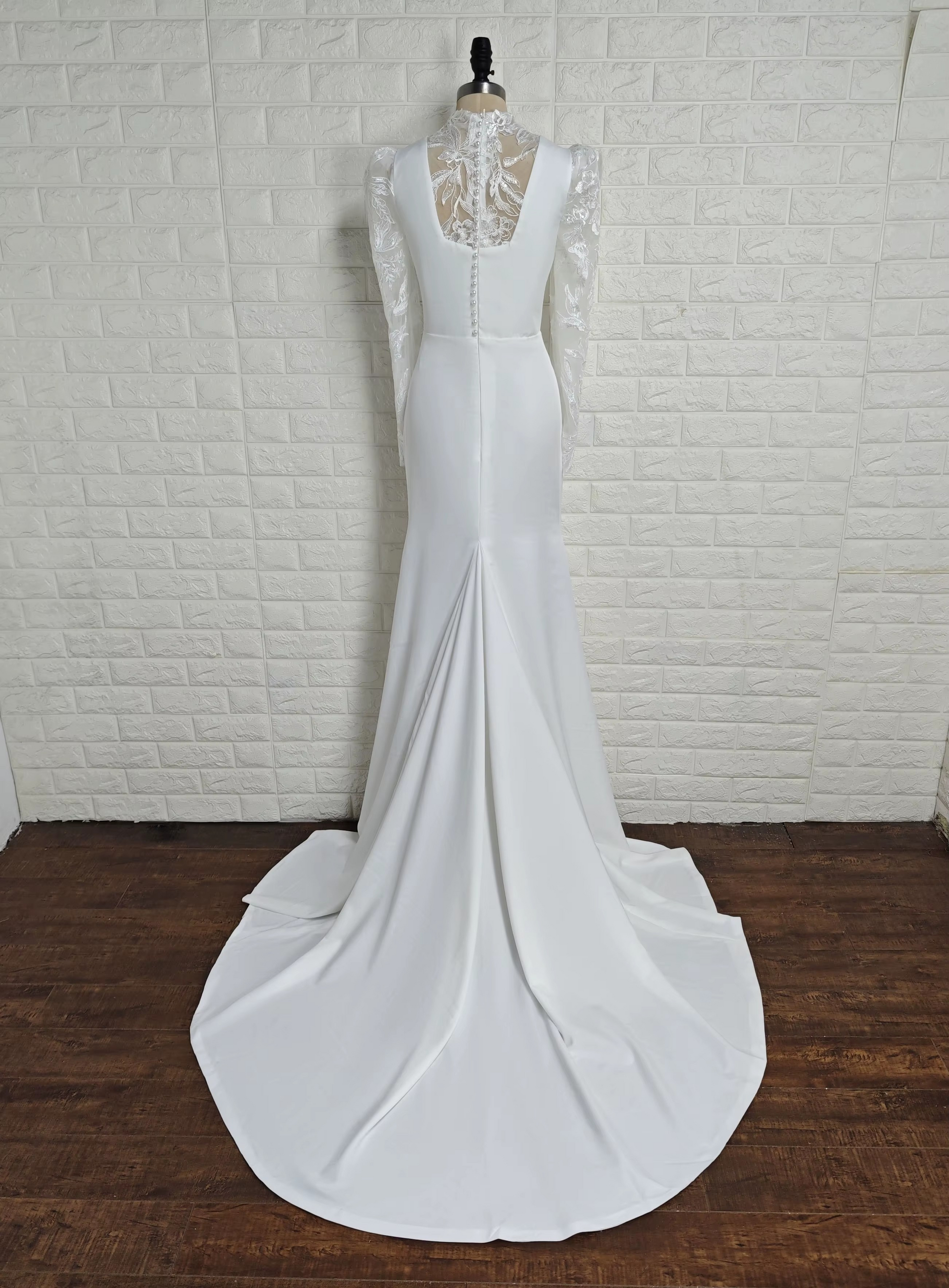 White Long Sleeve Mermaid Wedding Dress With Lace Detailing & Court Tr Lovez Aqua White Long Sleeve Mermaid Wedding Dress With Lace Detailing & Court Tr Lovez Aqua