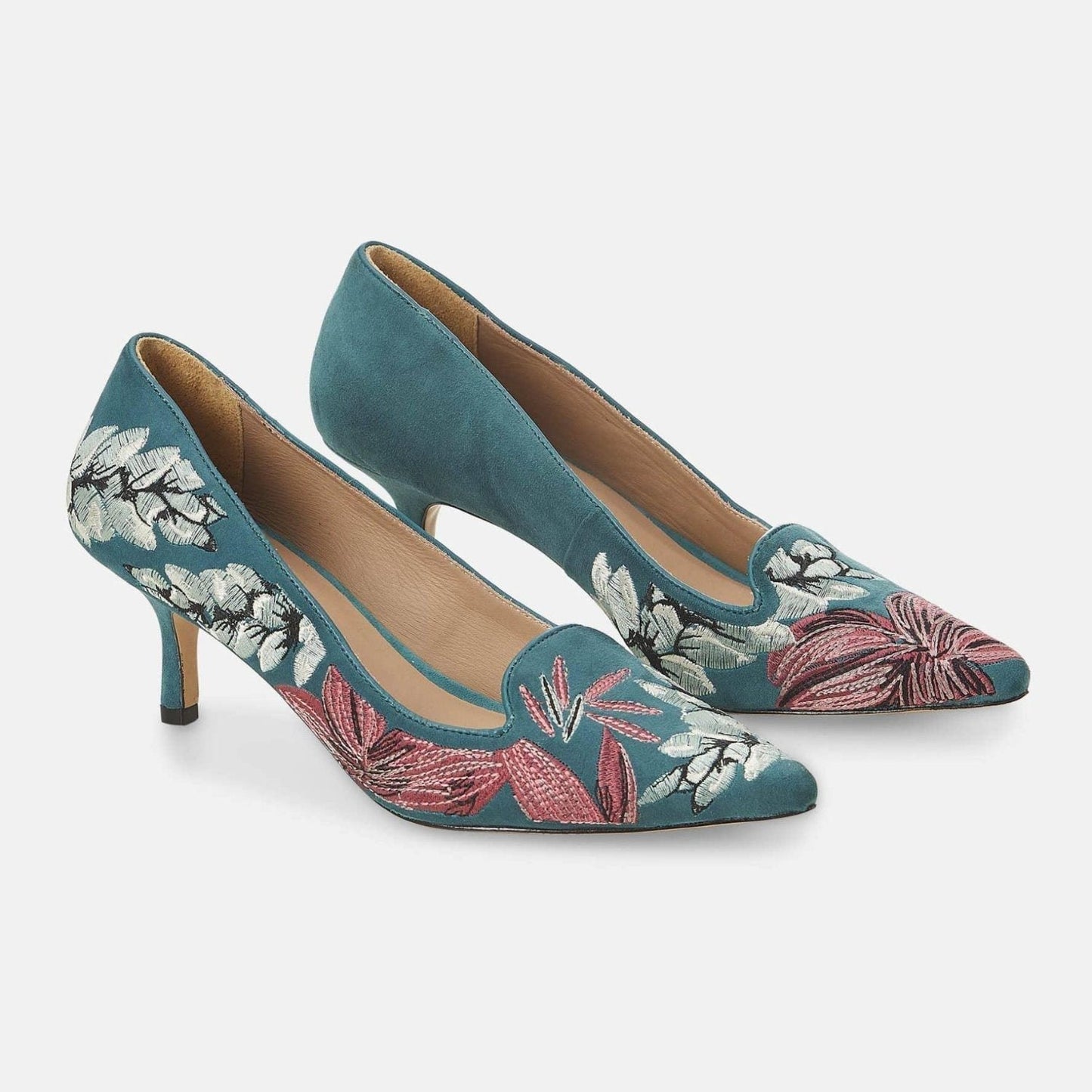 Pair of teal high-heeled shoes with floral embroidery on a white background